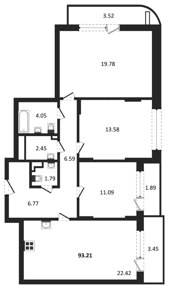 Планировка: 3-комн., 93,2 м²