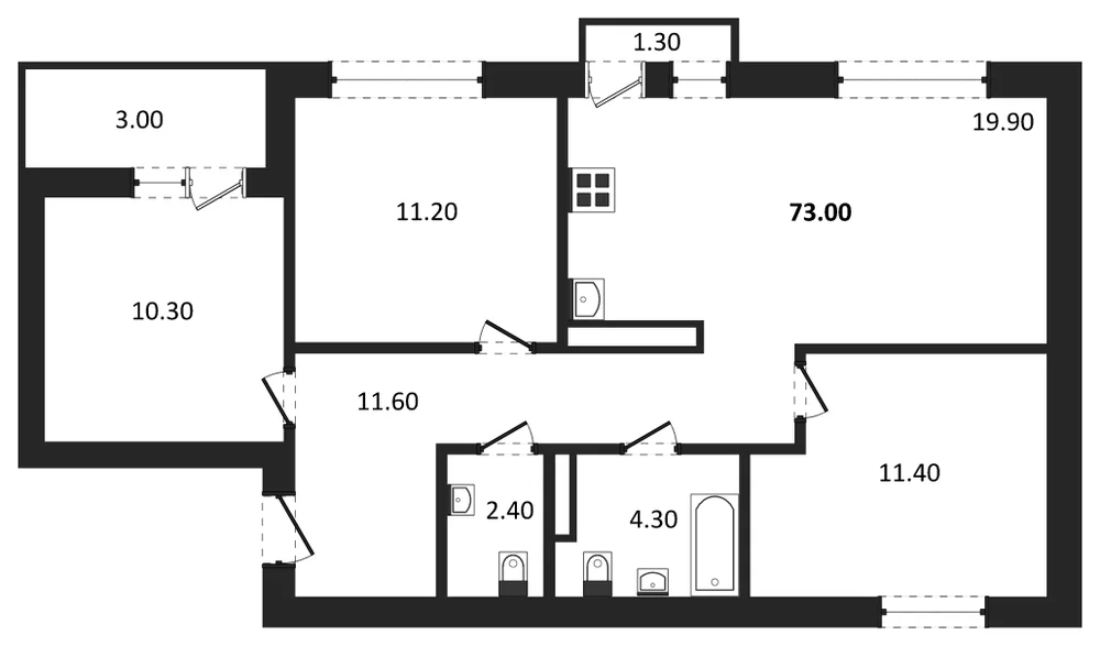 Планировка: 3-комн., 72,7 м²