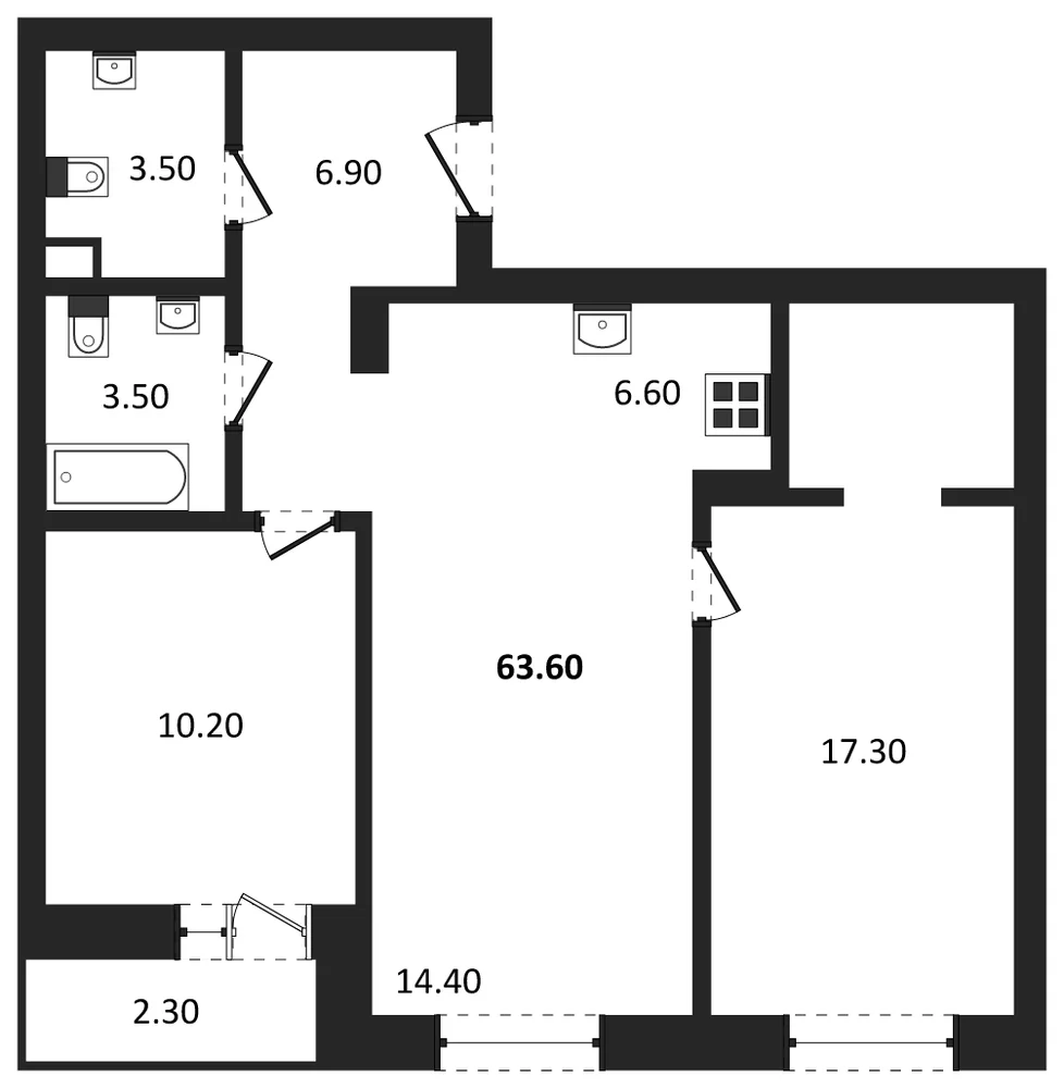 Планировка: 2-комн., 63,6 м²