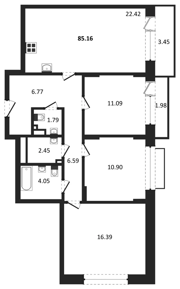 Планировка: 3-комн., 85,2 м²