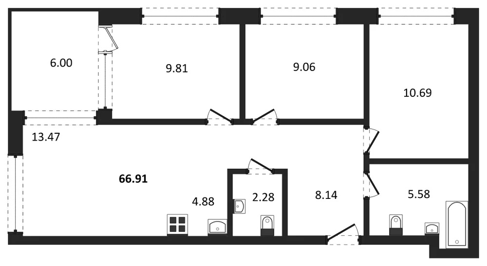 Планировка: 4-комн., 66,6 м²
