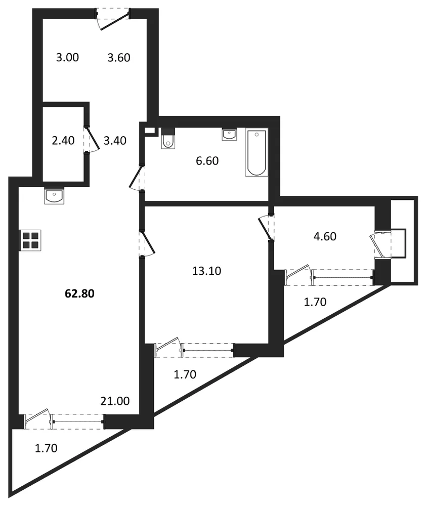 Планировка: 1-комн., 62,8 м²