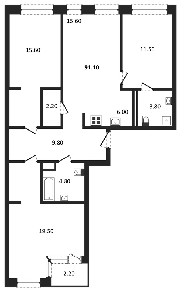 Планировка: 3-комн., 91,1 м²