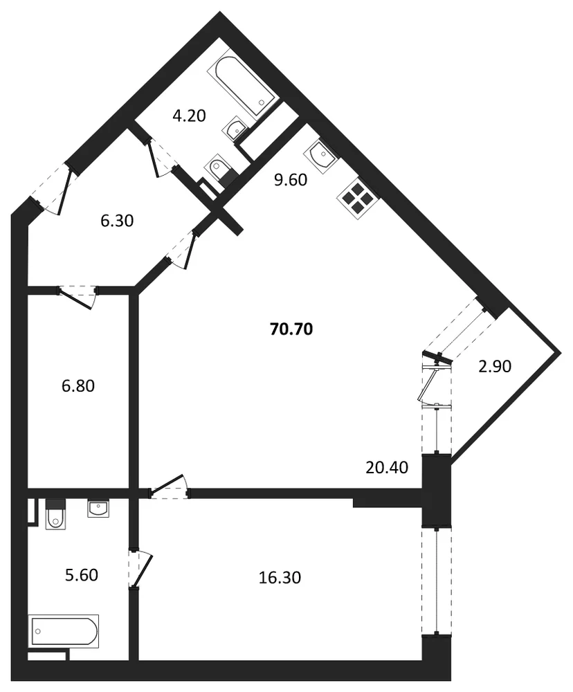 Планировка: 1-комн., 70,7 м²