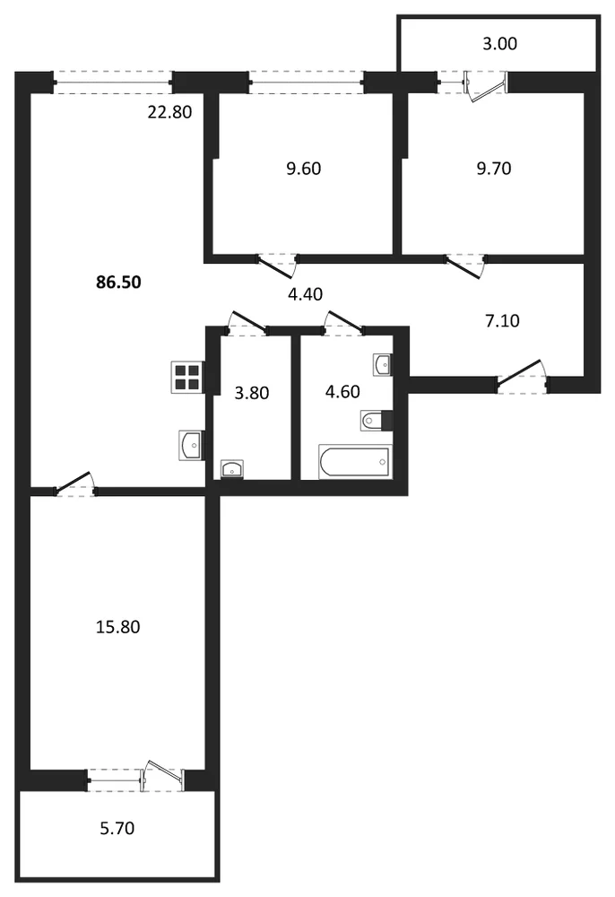 Планировка: 3-комн., 86,5 м²