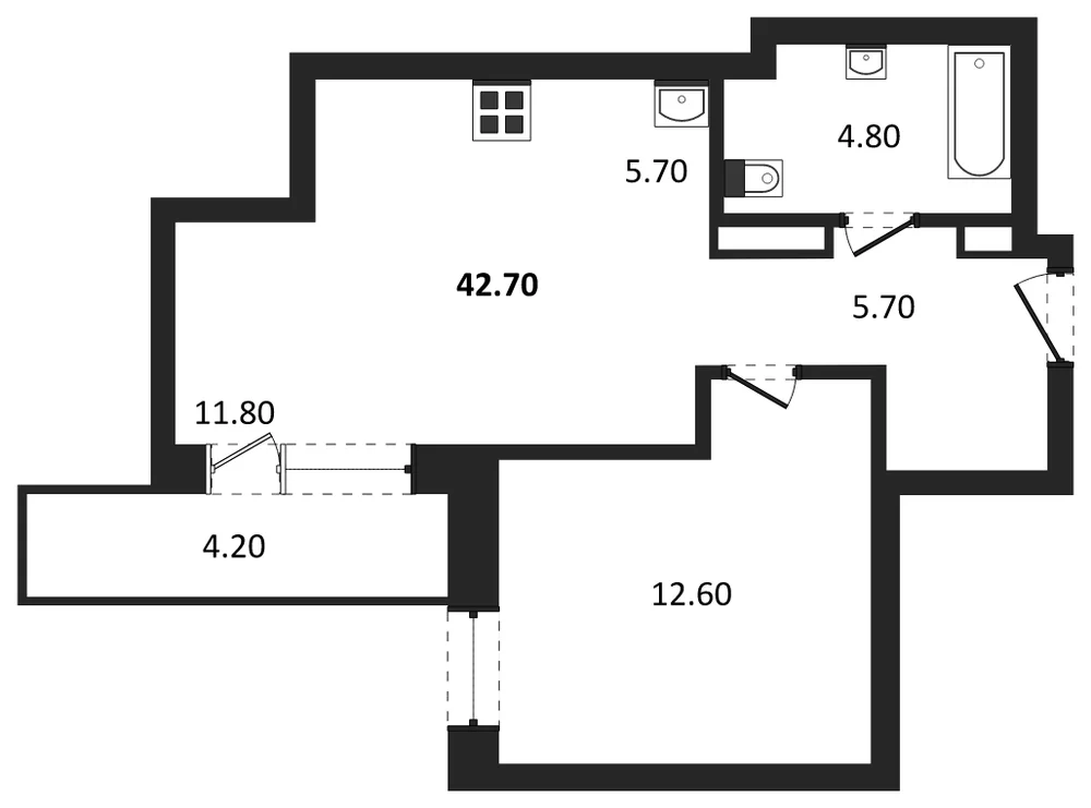 Планировка: 1-комн., 42,7 м²