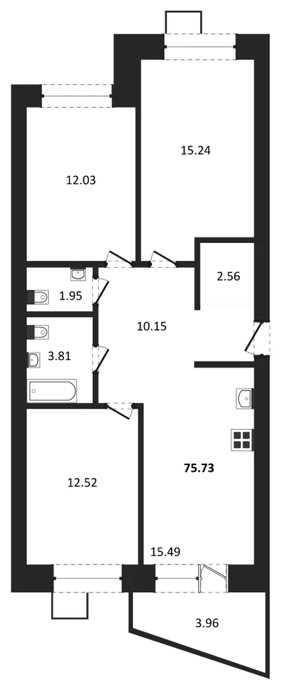 Планировка: 3-комн., 75,6 м²