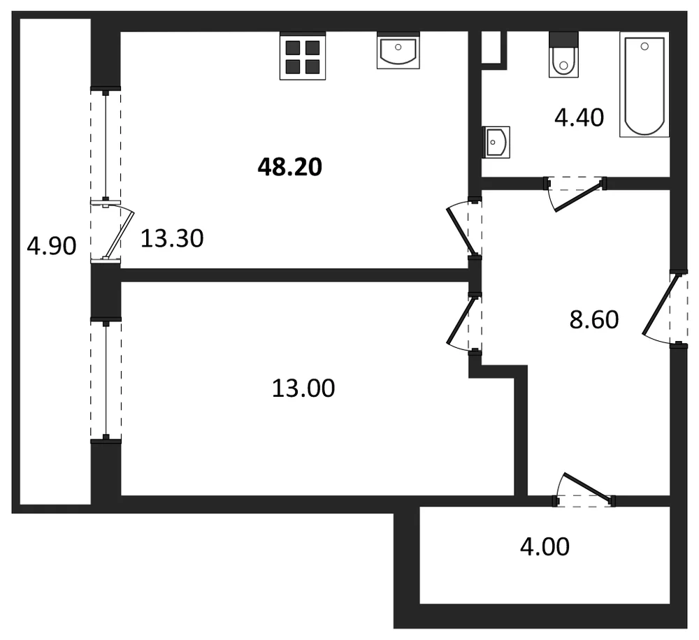 Планировка: 1-комн., 48,2 м²