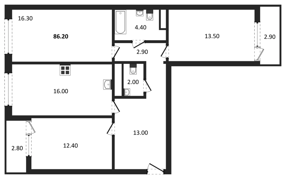 Планировка: 3-комн., 86,2 м²