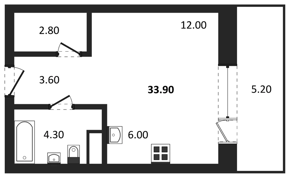 Планировка: Студия, 33,9 м²
