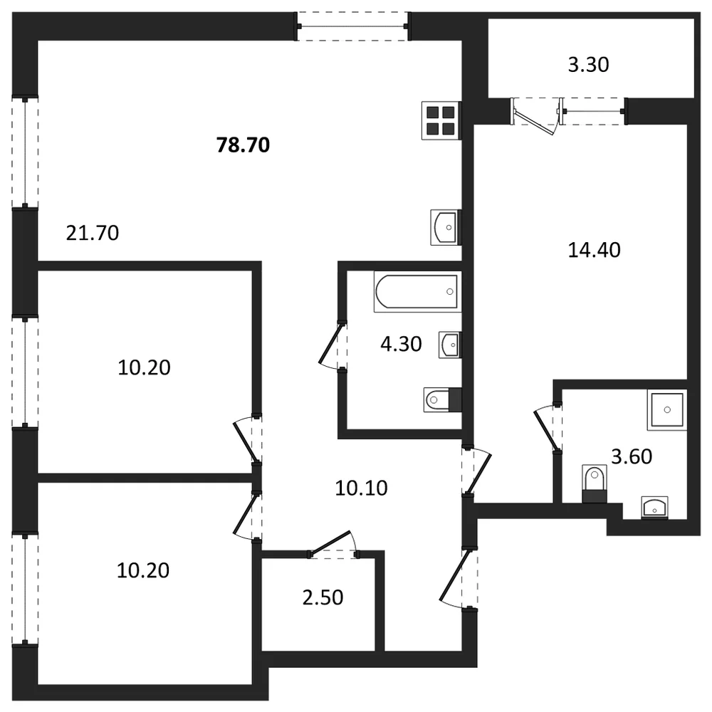 Планировка: 3-комн., 78,4 м²