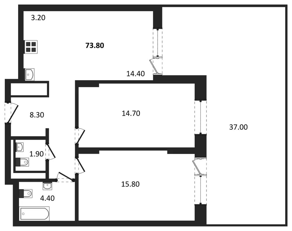 Планировка: 2-комн., 72,5 м²