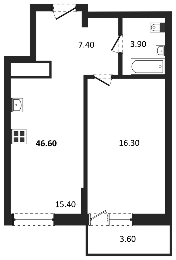 Планировка: 1-комн., 44,1 м²