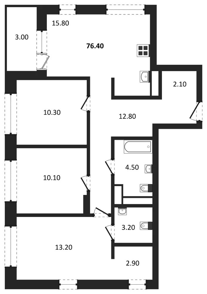 Планировка: 3-комн., 76,4 м²