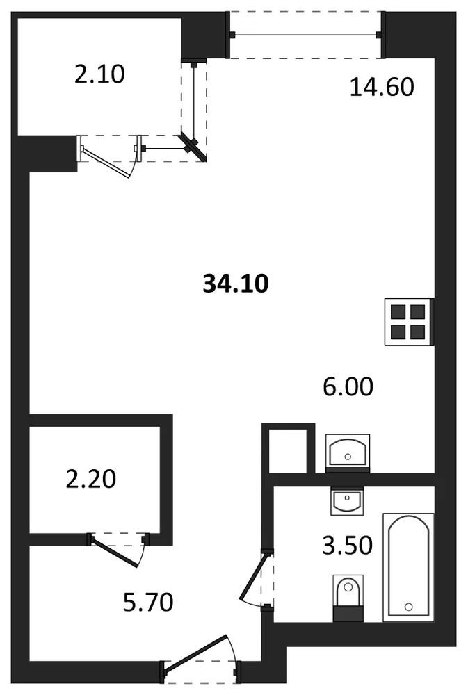 Планировка: Студия, 34,1 м²