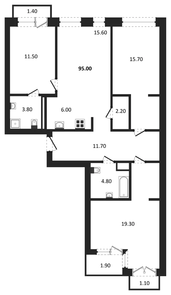 Планировка: 3-комн., 95 м²
