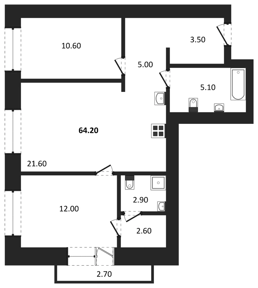Планировка: 2-комн., 64,2 м²