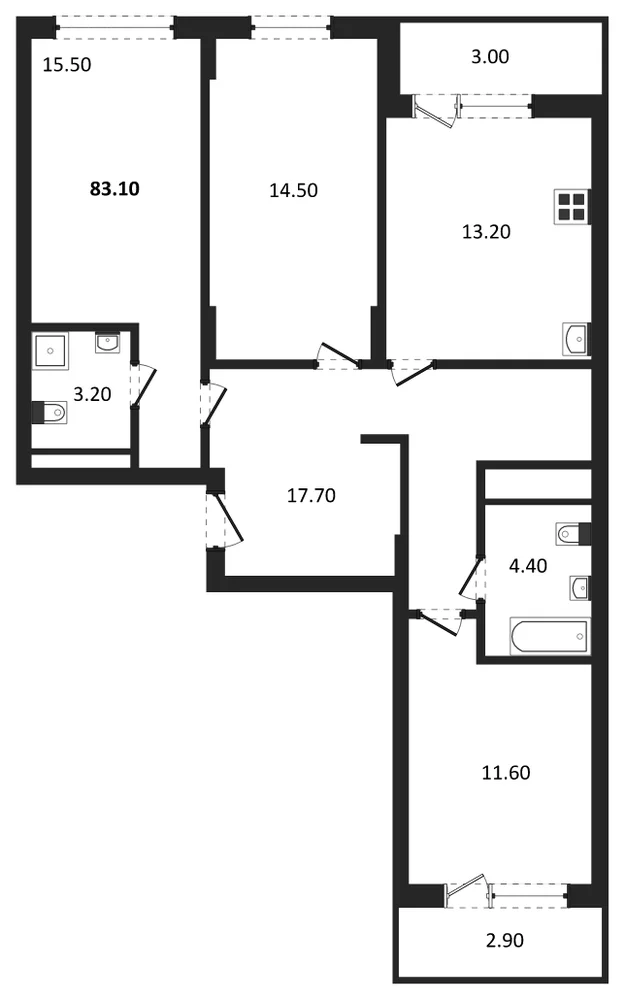 Планировка: 3-комн., 83,1 м²