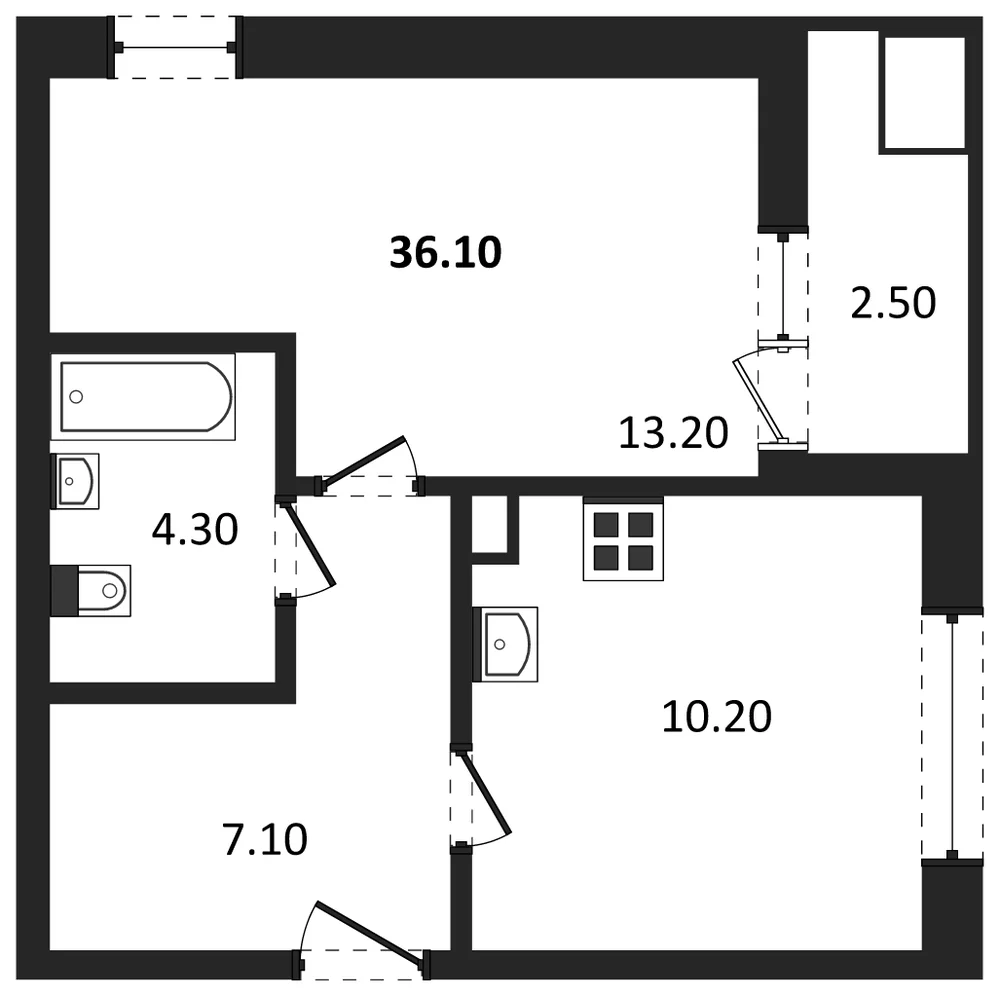 Планировка: 1-комн., 36,1 м²