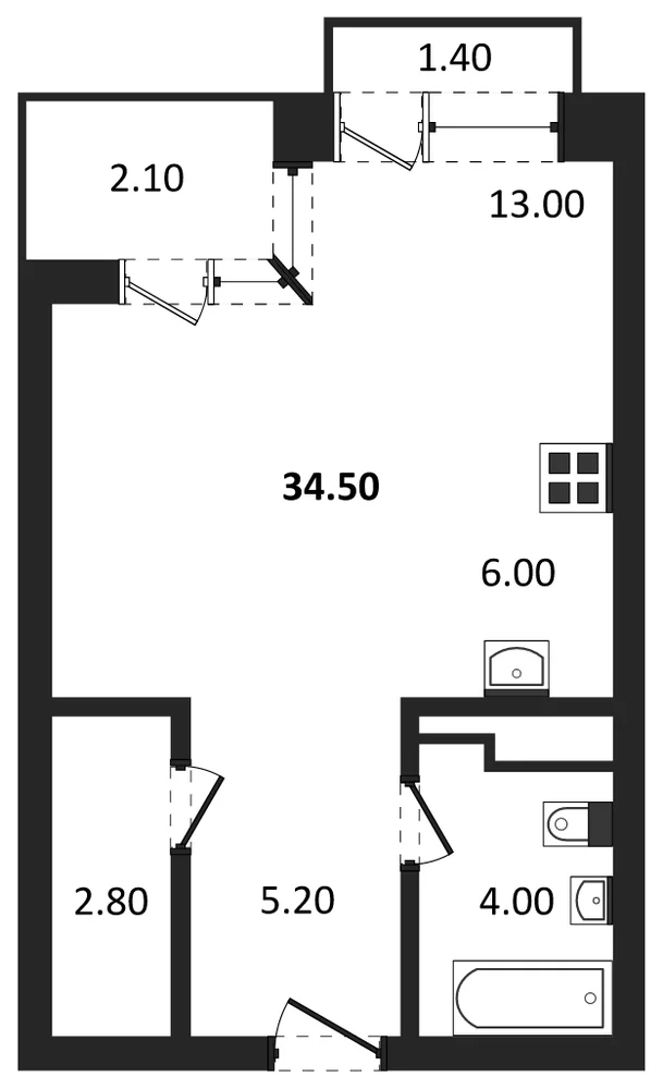 Планировка: Студия, 34,5 м²