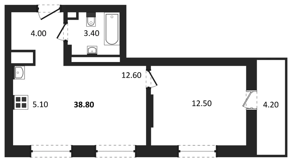 Планировка: 1-комн., 38,8 м²