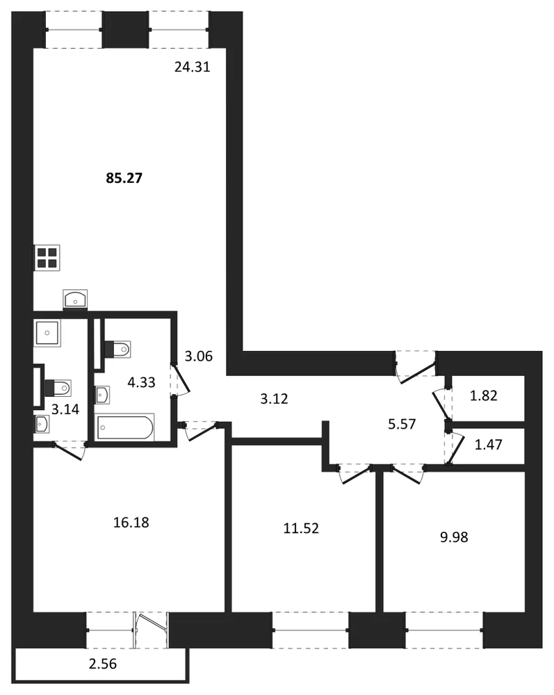 Планировка: 3-комн., 85,3 м²
