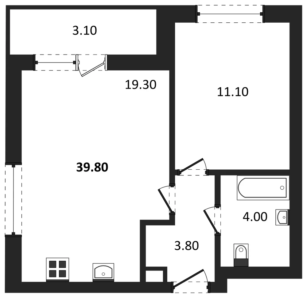 Планировка: 1-комн., 39,8 м²