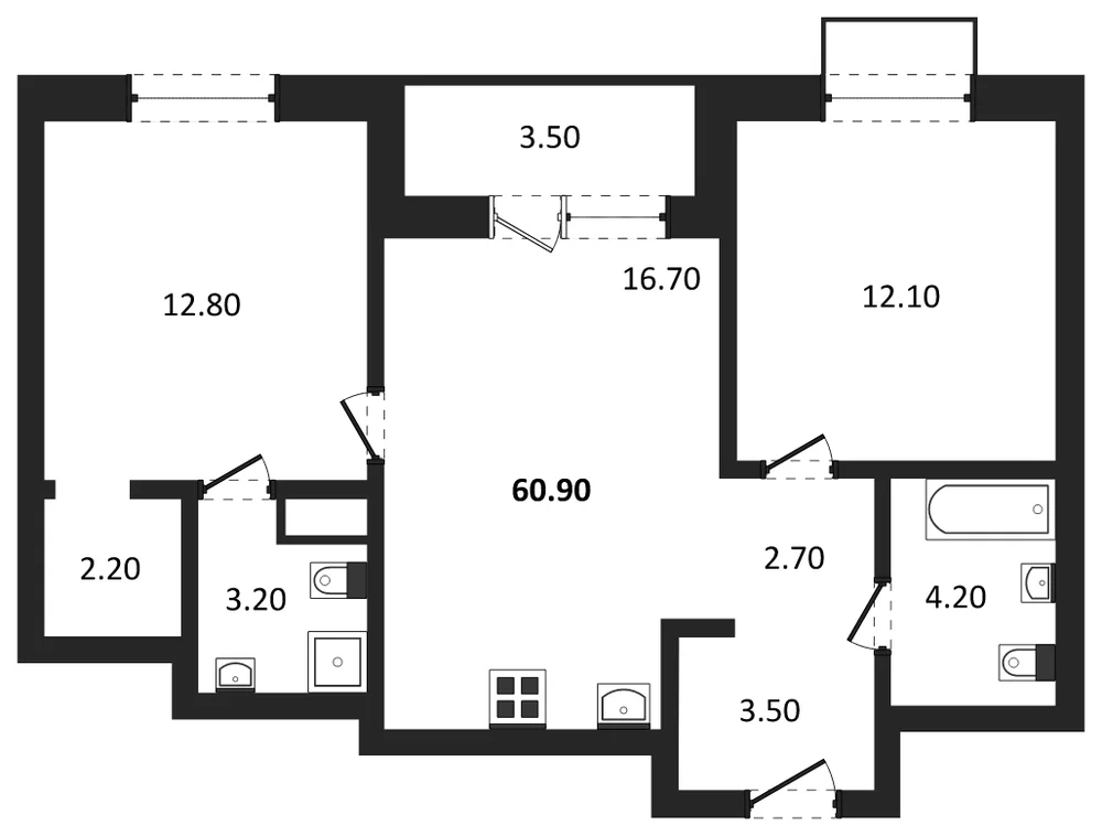 Планировка: 2-комн., 60,9 м²