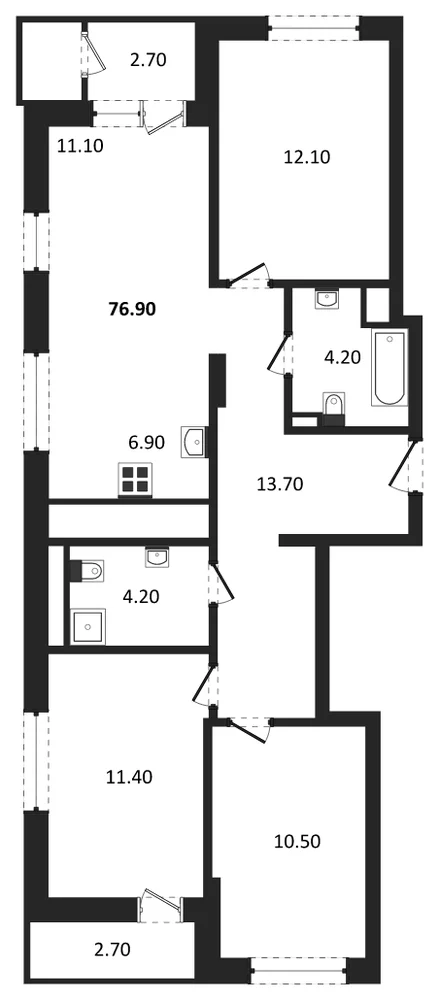 Планировка: 3-комн., 76,9 м²