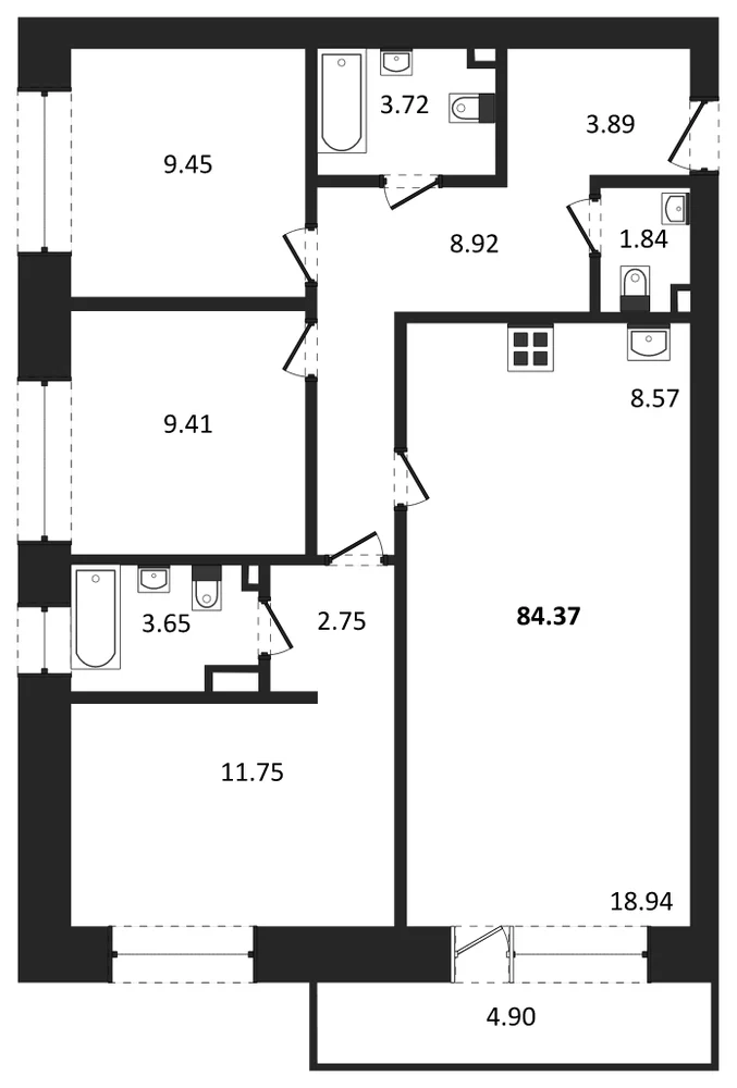 Планировка: 3-комн., 87,8 м²