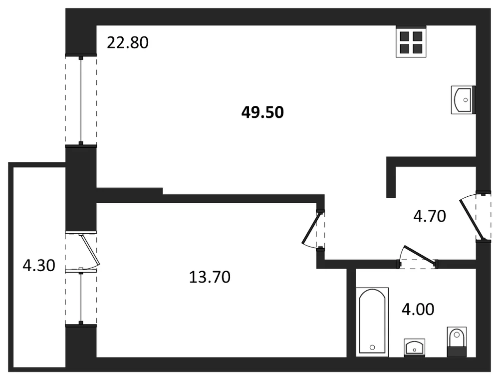 Планировка: 1-комн., 46,5 м²