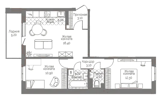 Планировка: 2-комн., 58,6 м²
