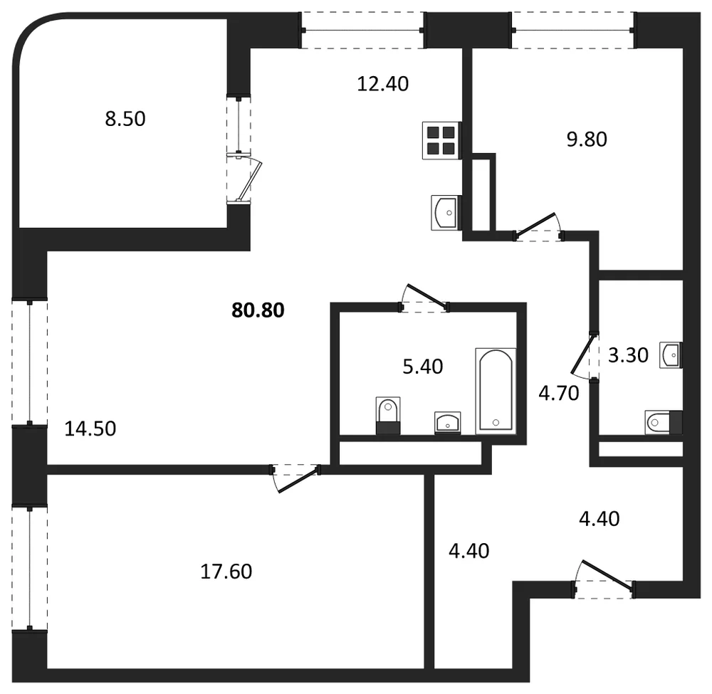 Планировка: 3-комн., 80,8 м²