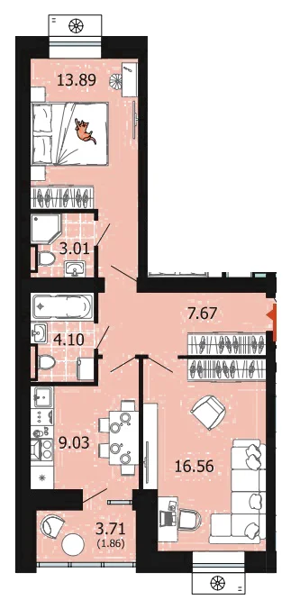 Планировка: 2-комн., 56,1 м²