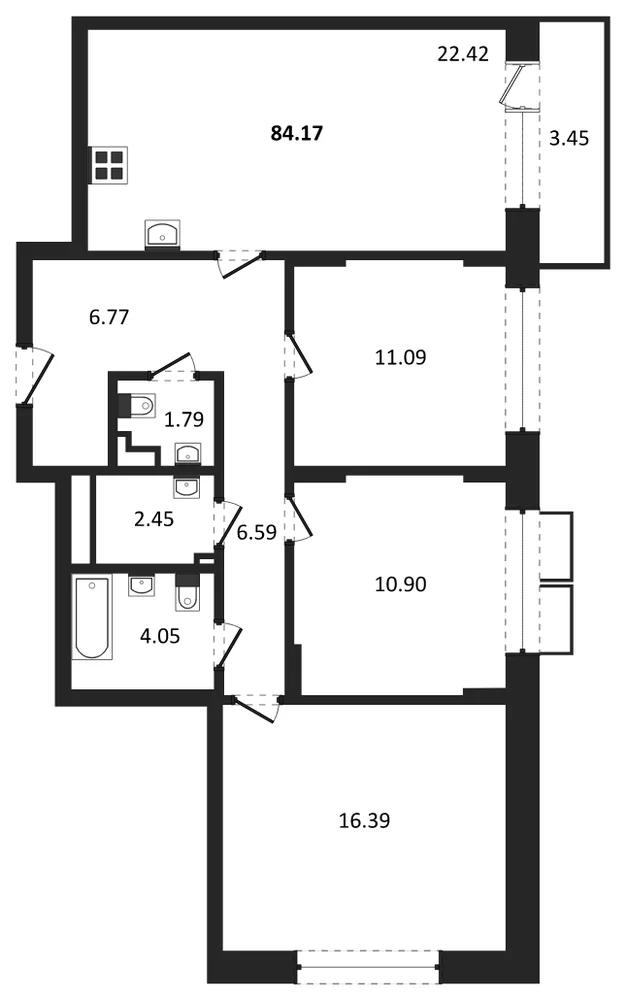 Планировка: 3-комн., 84,2 м²