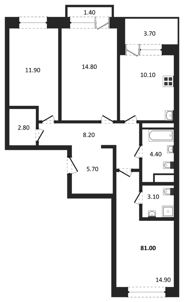 Планировка: 3-комн., 81 м²