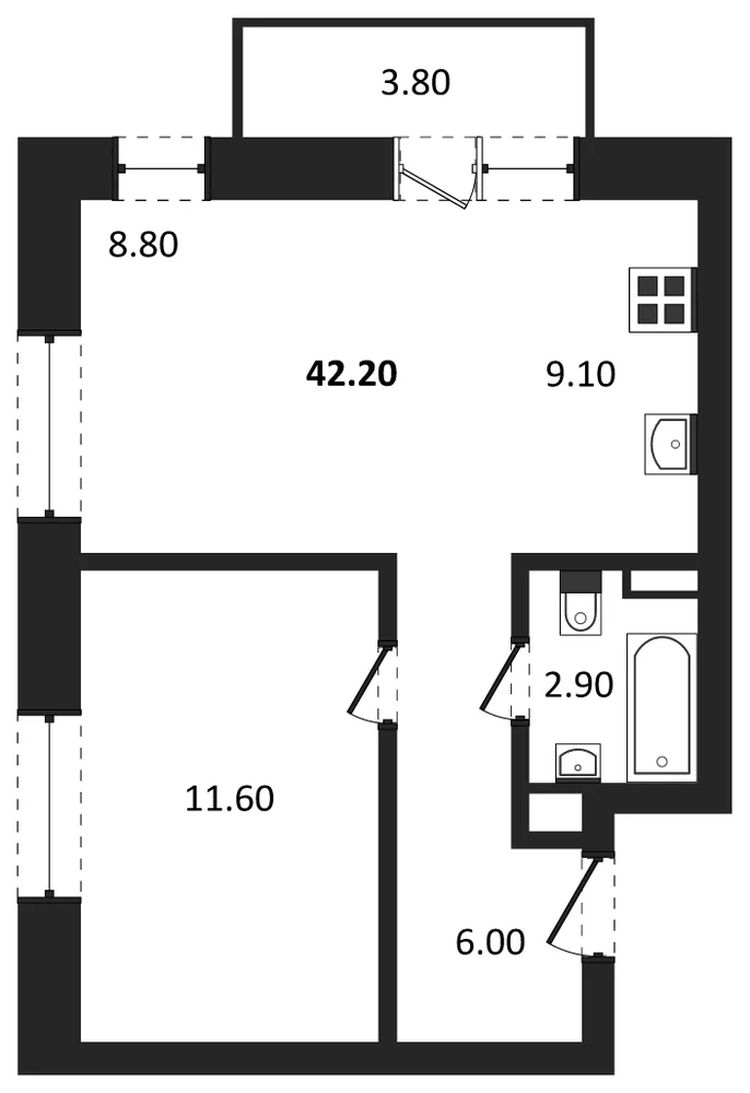 Планировка: 1-комн., 39,5 м²