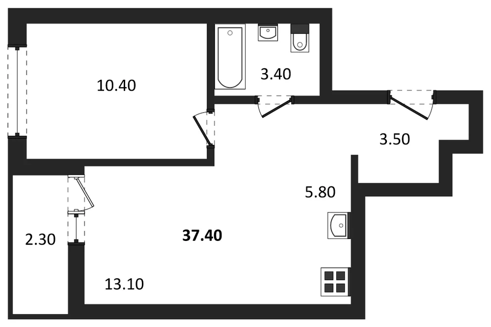 Планировка: 1-комн., 37,4 м²
