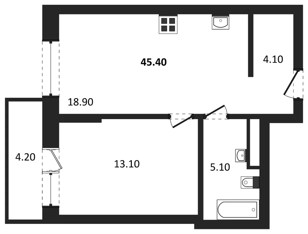 Планировка: 1-комн., 42,5 м²