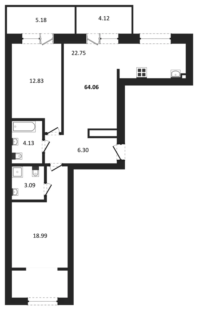 Планировка: 2-комн., 67 м²
