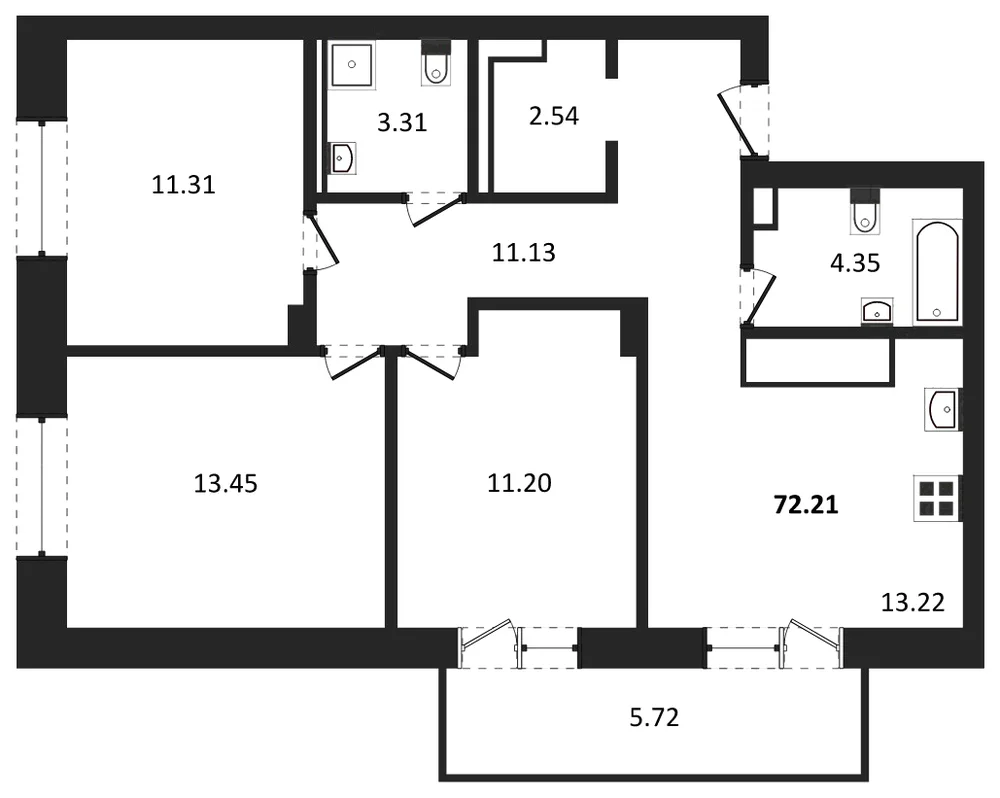Планировка: 3-комн., 72,2 м²