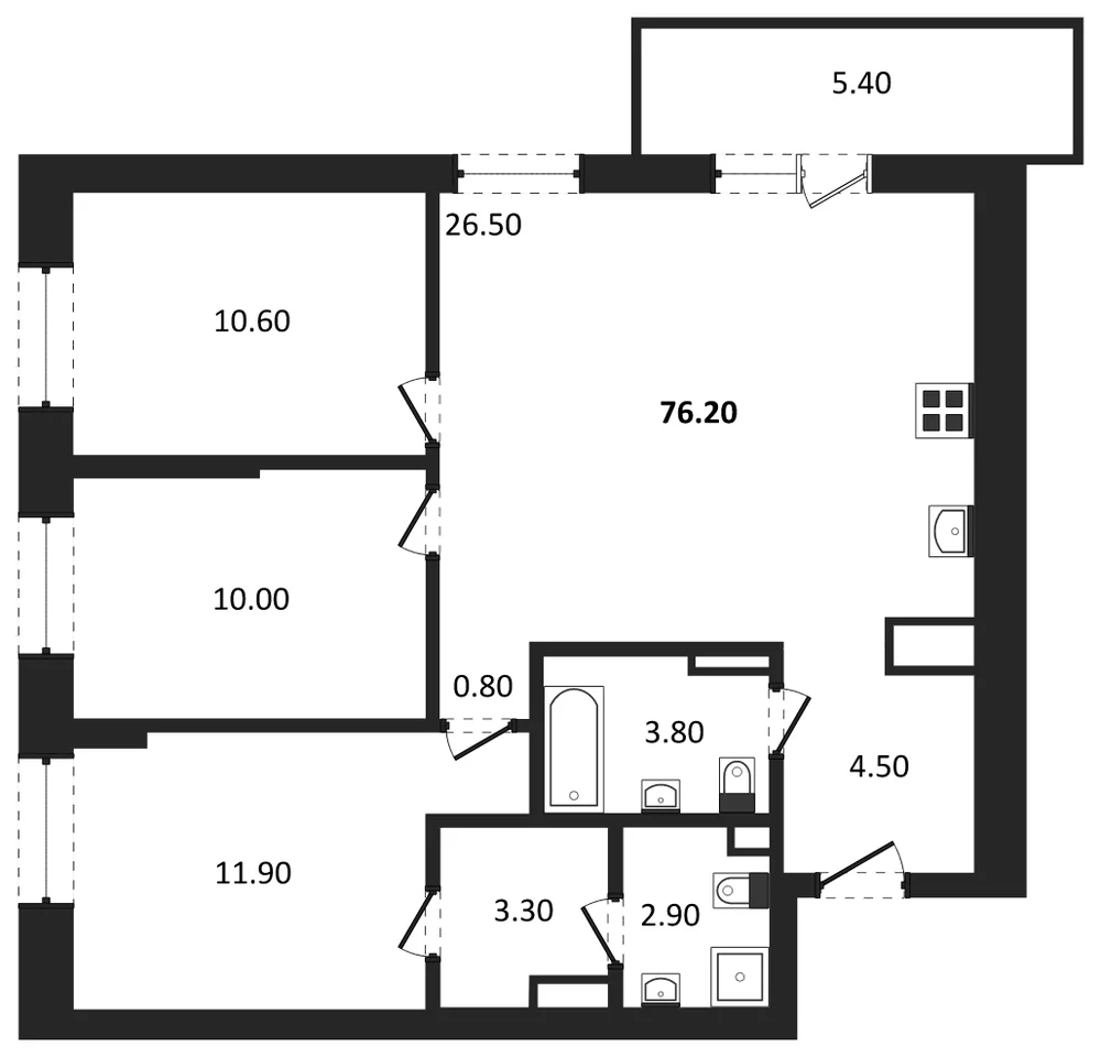 Планировка: 3-комн., 76,2 м²