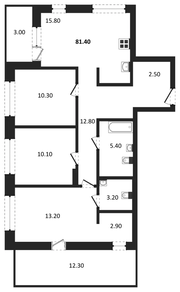 Планировка: 3-комн., 81,4 м²
