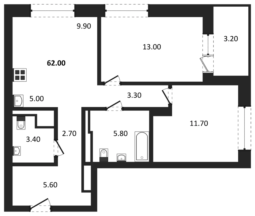 Планировка: 3-комн., 62 м²
