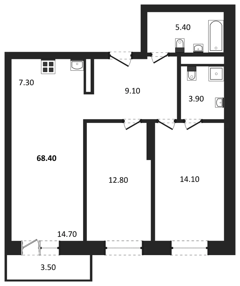 Планировка: 2-комн., 68,4 м²