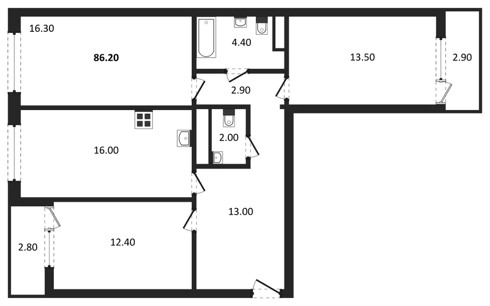 Планировка: 3-комн., 86,2 м²