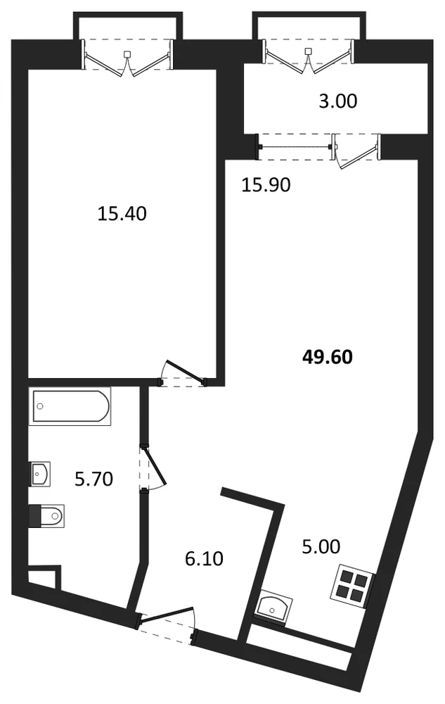 Планировка: 2-комн., 49,6 м²
