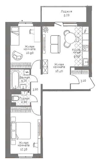 Планировка: 2-комн., 58,6 м²