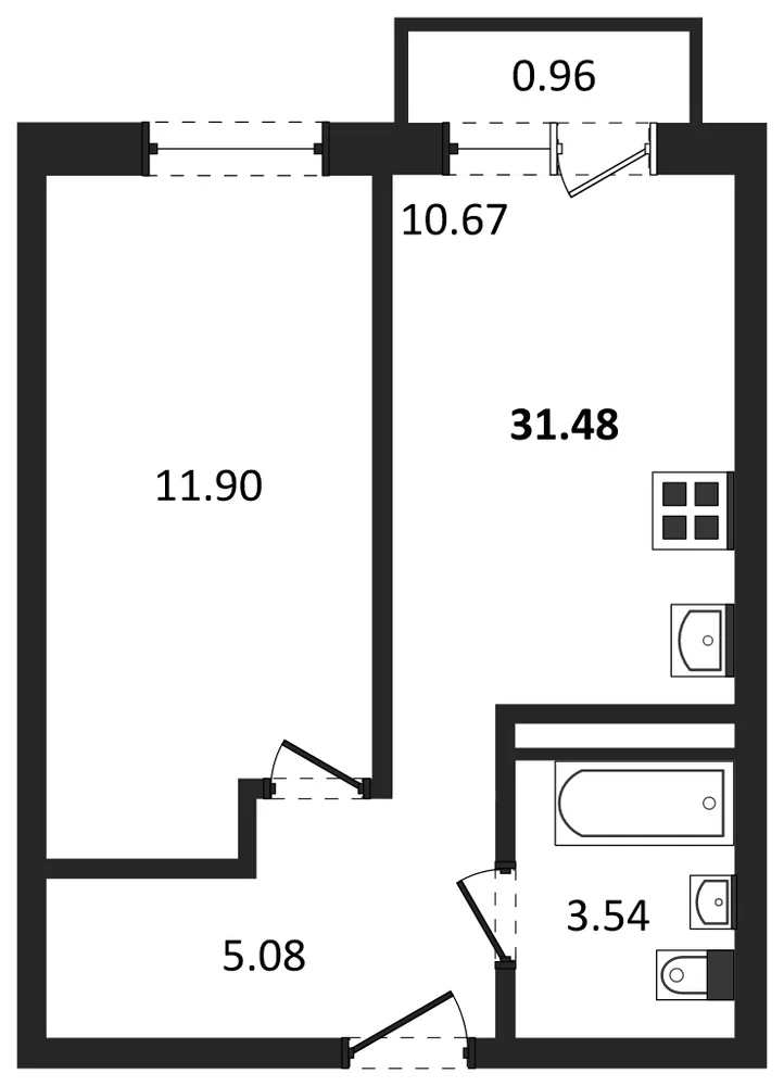 Планировка: 1-комн., 31,5 м²