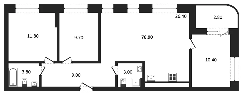 Планировка: 3-комн., 75,5 м²